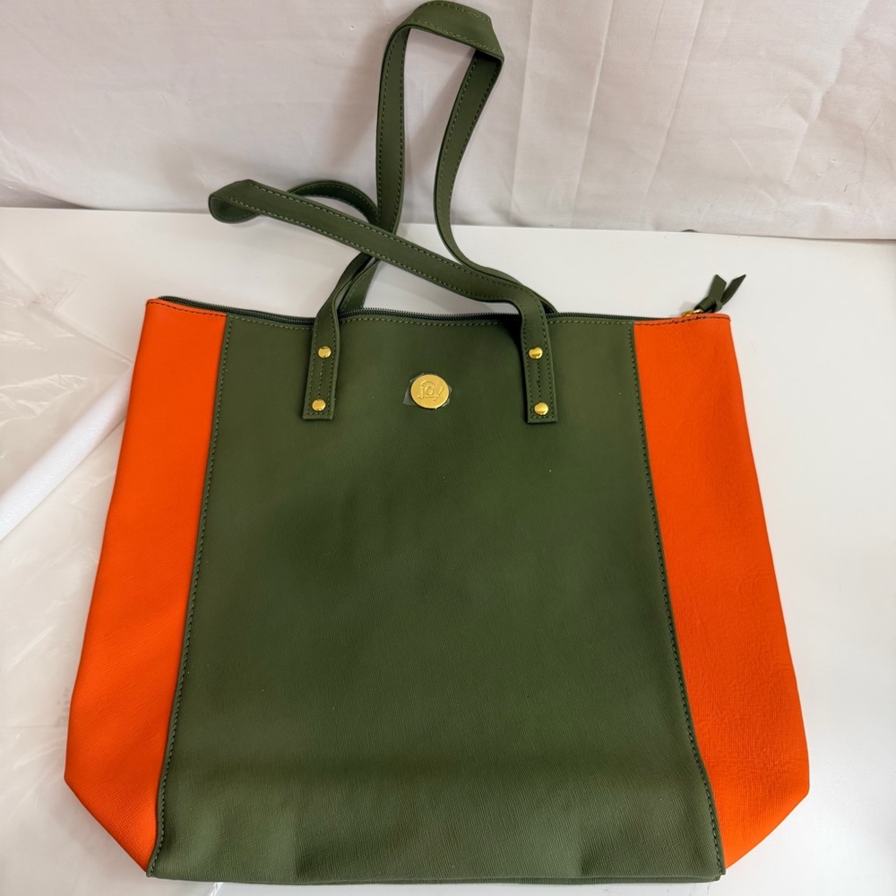 JOY Mangano Leather Colorblock Tote with RFID Protection, Olive/Orange